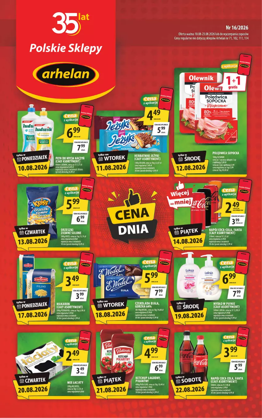 Gazetka promocyjna Arhelan - Gazetka - ważna 10.08 do 23.08.2026 - strona 1 - produkty: BIC, Czekolada, Fa, Herbatniki, Jeżyki, Ketchup, Ludwik, Luksja, Makaron, Mydło, Orzeszki, Orzeszki ziemne, Polędwica