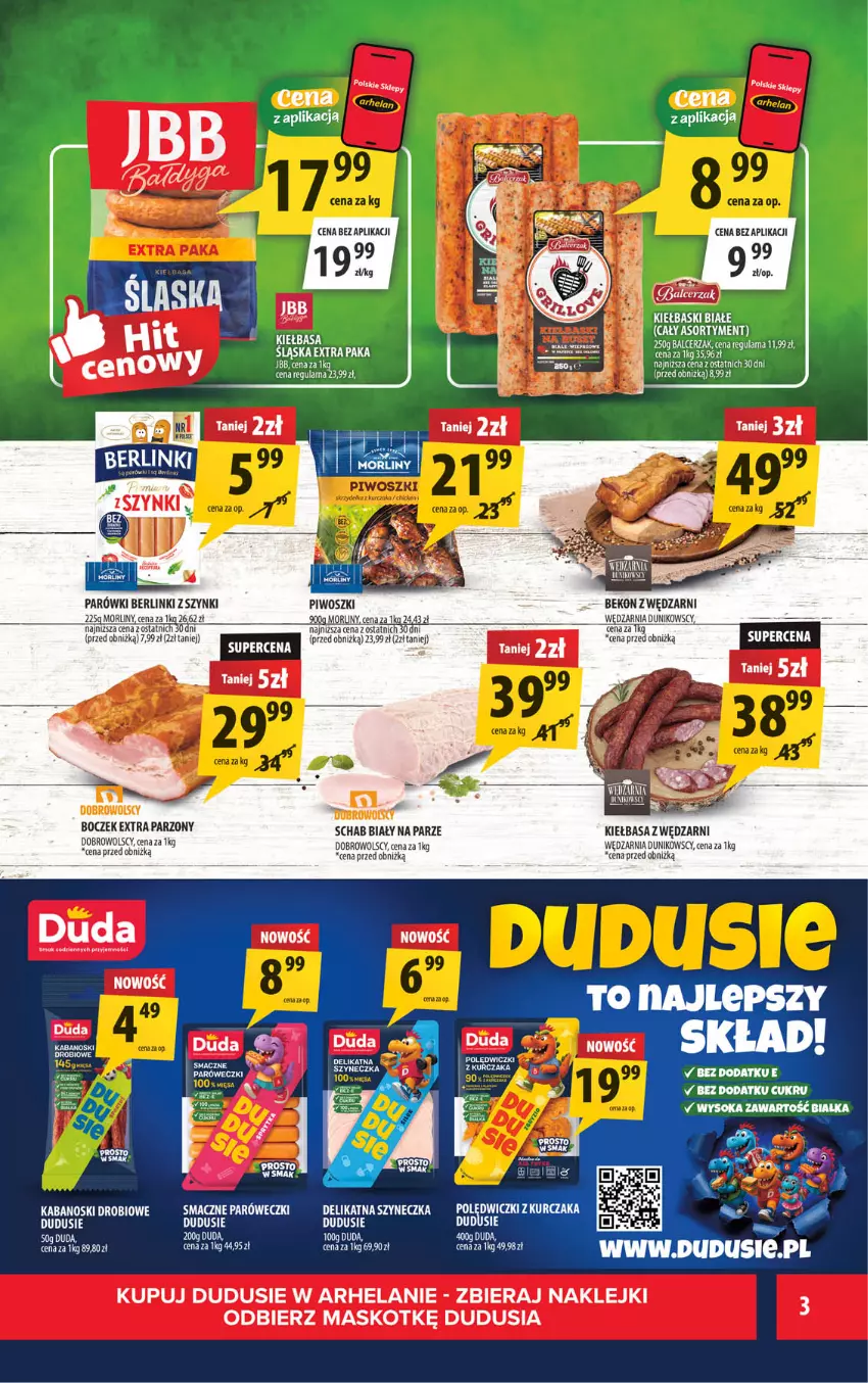 Gazetka promocyjna Arhelan - Gazetka - ważna 10.08 do 23.08.2026 - strona 3 - produkty: Beko, Berlinki, Boczek, Duda, Fa, Kiełbasa, Klej, Koc, Morliny, Parówki, Piwo, Taca