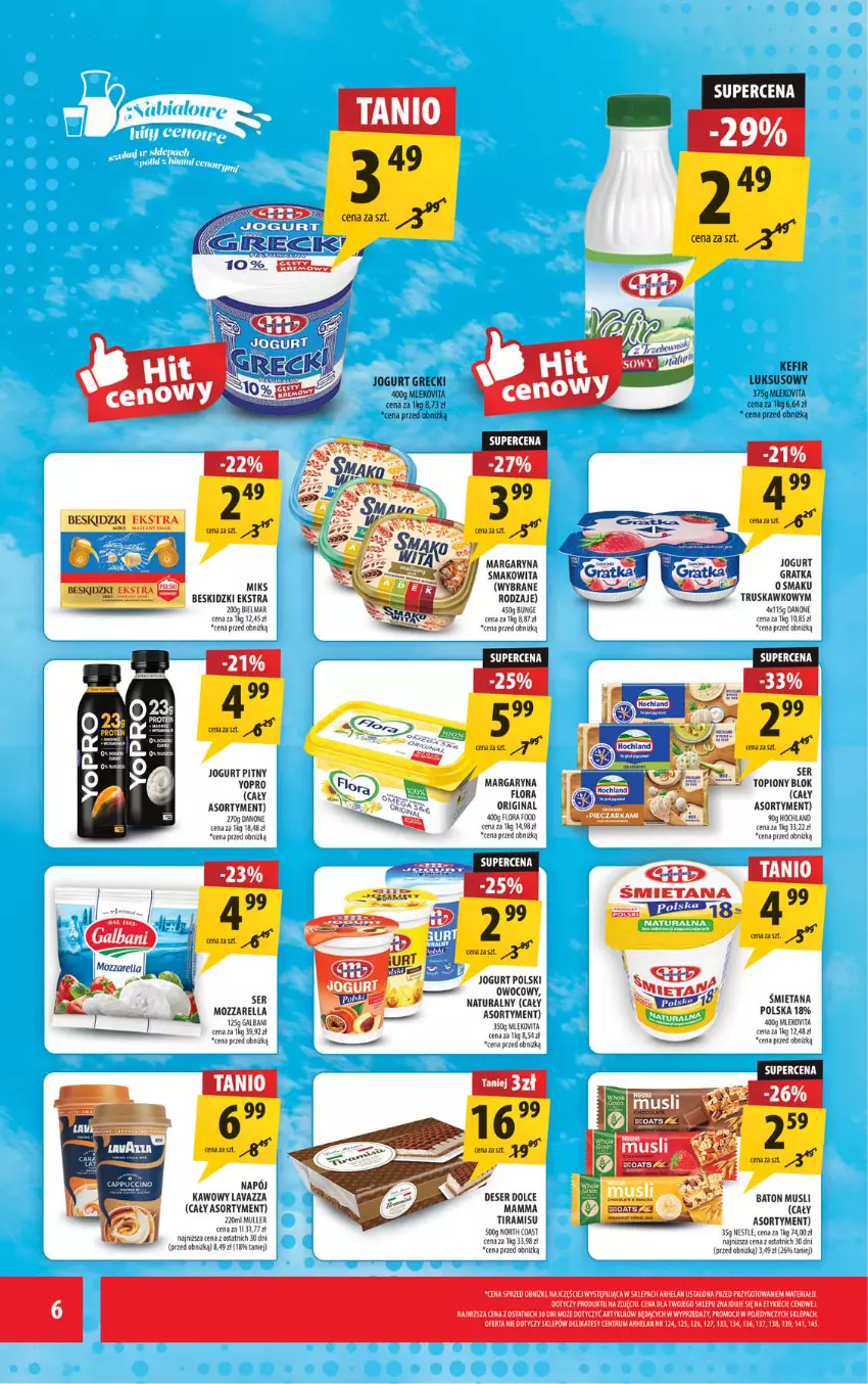 Gazetka promocyjna Arhelan - Gazetka - ważna 10.08 do 23.08.2026 - strona 6 - produkty: Baton, Beskidzki, Danone, Deser, Fa, Flora, Galbani, Gin, Gra, Hochland, Jogurt, Jogurt pitny, Kefir, Lavazza, Margaryna, Mleko, Mlekovita, Mozzarella, Napój, Rum, Ser, Smakowita, Vita C