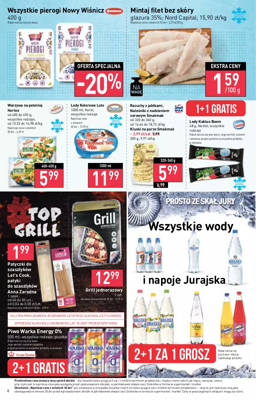 Gazetka promocyjna Stokrotka - Market - ważna 17.08 do 23.08.2023 - strona 10 - produkty: Glazura, Gra, Grill, Hortex, Jabłka, Kaktus, Kluski na parze, Lazur, Lody, Mięso, Mintaj, Naleśniki, Napoje, Nestlé, Owoce, Pierogi, Piwa, Piwo, Por, Ser, Warka, Warzywa