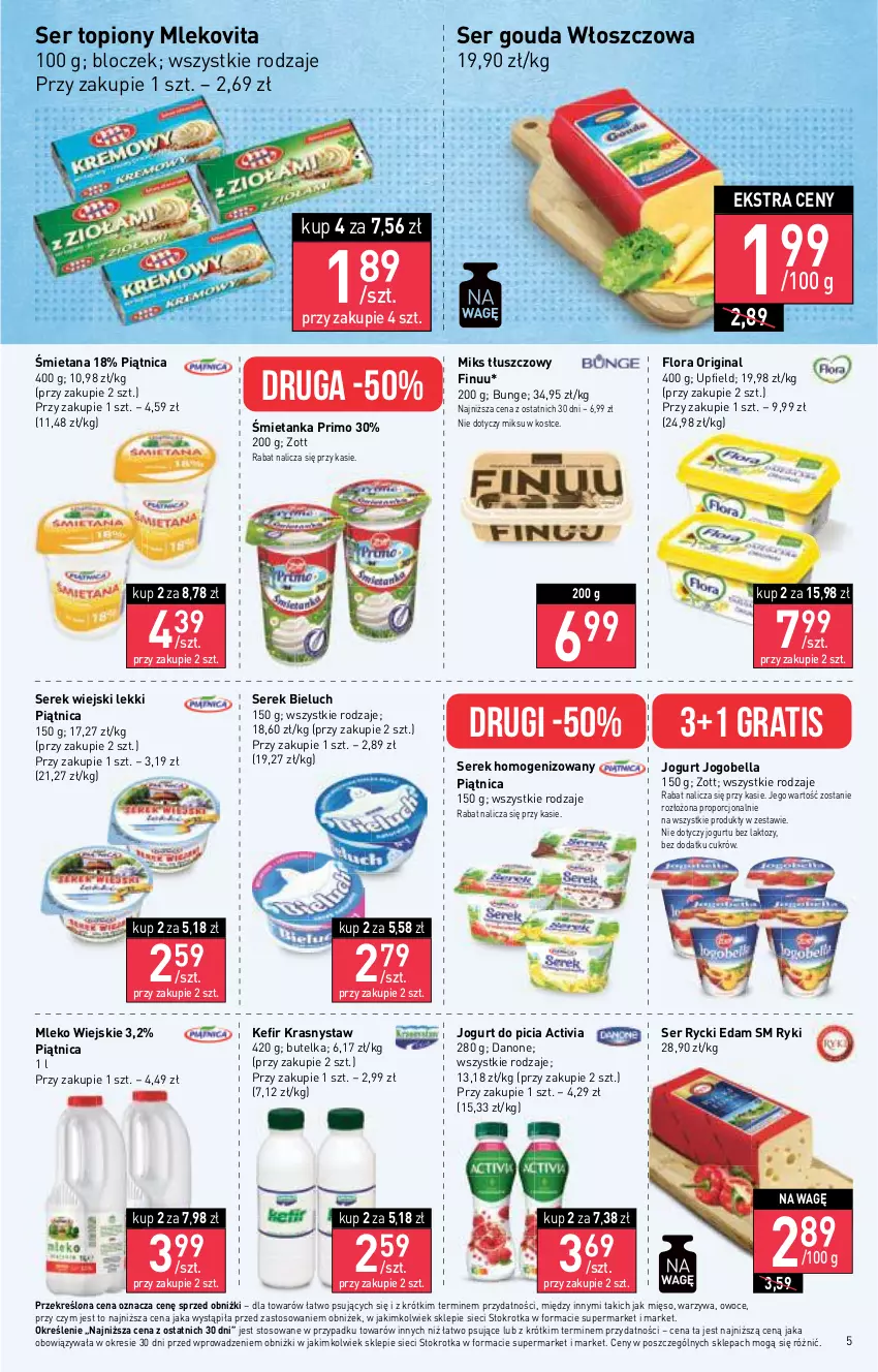 Gazetka promocyjna Stokrotka - Market - ważna 17.08 do 23.08.2023 - strona 7 - produkty: Activia, Bell, Bella, Bieluch, Danone, Edam, Finuu, Flora, Gin, Gouda, Gra, Jogobella, Jogurt, Kefir, Mięso, Miks tłuszczowy, Mleko, Mlekovita, Owoce, Piątnica, Por, Rycki Edam, Ser, Ser topiony, Serek, Serek homogenizowany, Serek wiejski, Top, Warzywa, Zott