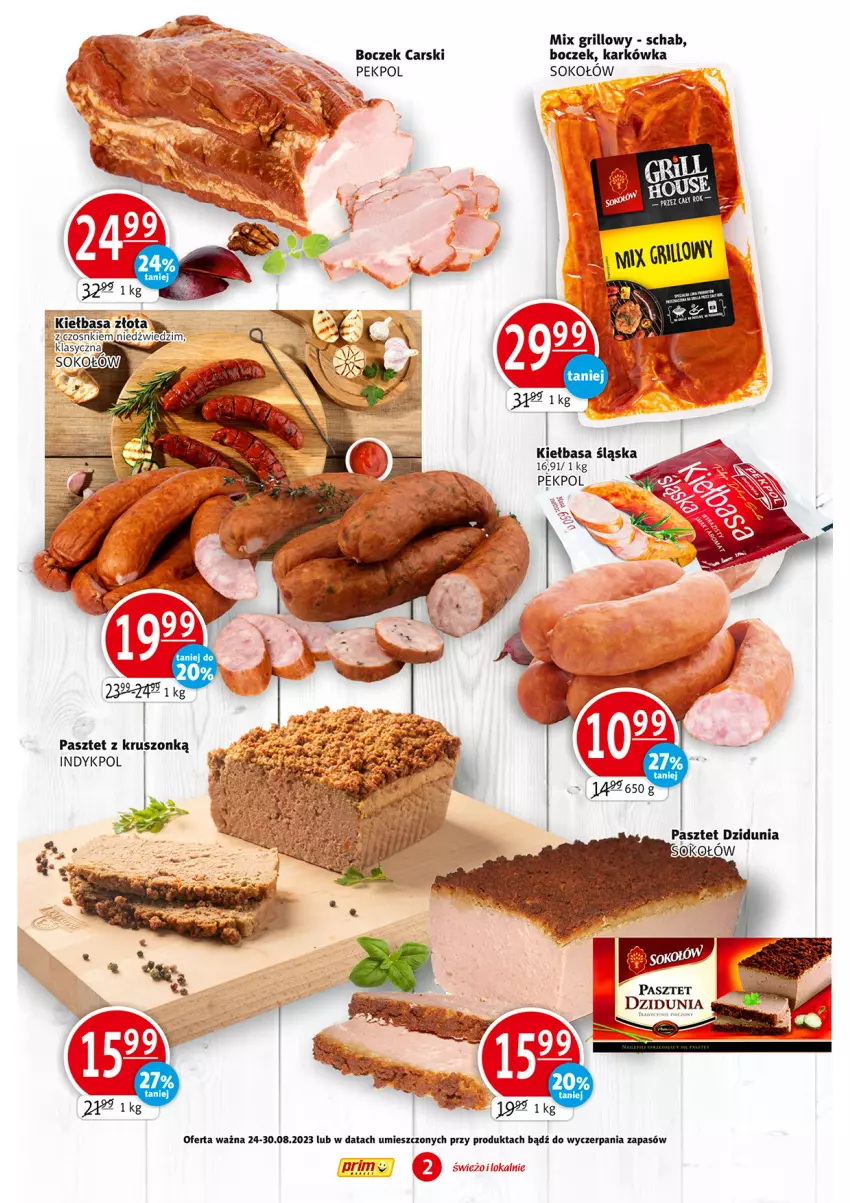 Gazetka promocyjna Prim Market - ważna 24.08 do 30.08.2023 - strona 2 - produkty: Boczek, Cars, Grill, Kiełbasa, Kiełbasa śląska, Pasztet, Pekpol, Sok, Sokołów