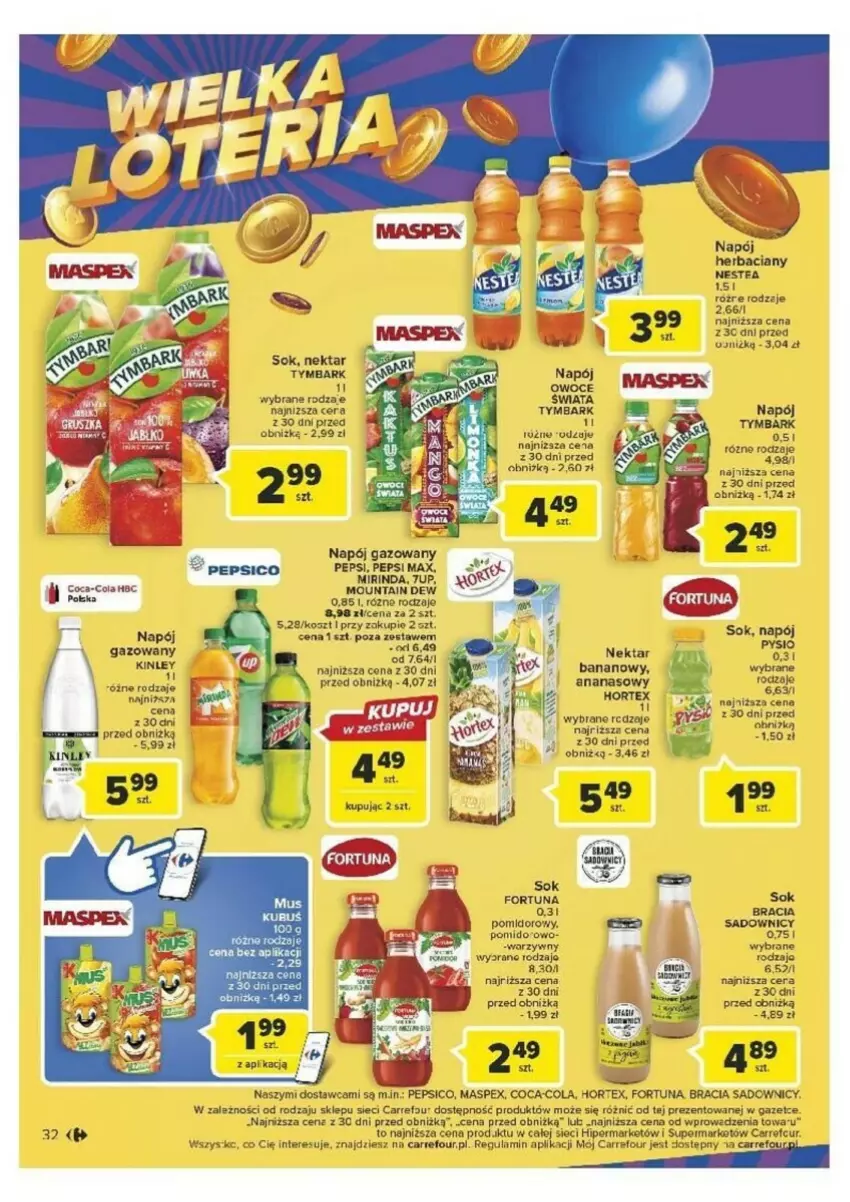 Gazetka promocyjna Carrefour - ważna 26.09 do 30.09.2023 - strona 26 - produkty: 7up, Ananas, Coca-Cola, Fa, Fortuna, Kosz, Mirinda, Napój, Napój gazowany, Nektar, Owoce, Pepsi, Pepsi max, Por, Sok, Tymbark