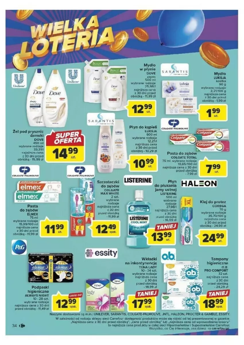 Gazetka promocyjna Carrefour - ważna 26.09 do 30.09.2023 - strona 28 - produkty: Always, Colgate, Colgate Total, Corega, Dove, Elmex, Klej, Leon, LG, Listerine, Luksja, Mydło, O.B., Palmolive, Pasta do zębów, Płyn do kąpieli, Por, Tampony, Wkładki