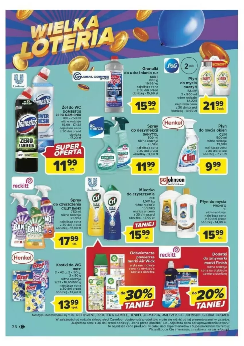 Gazetka promocyjna Carrefour - ważna 26.09 do 30.09.2023 - strona 30 - produkty: Air Wick, Bref, Cillit Bang, Clin, Domestos, Fa, Fairy, Finish, Gra, Kret, Mleczko, Płyn do mycia, Por, Pronto, Sanytol, Zmywarki