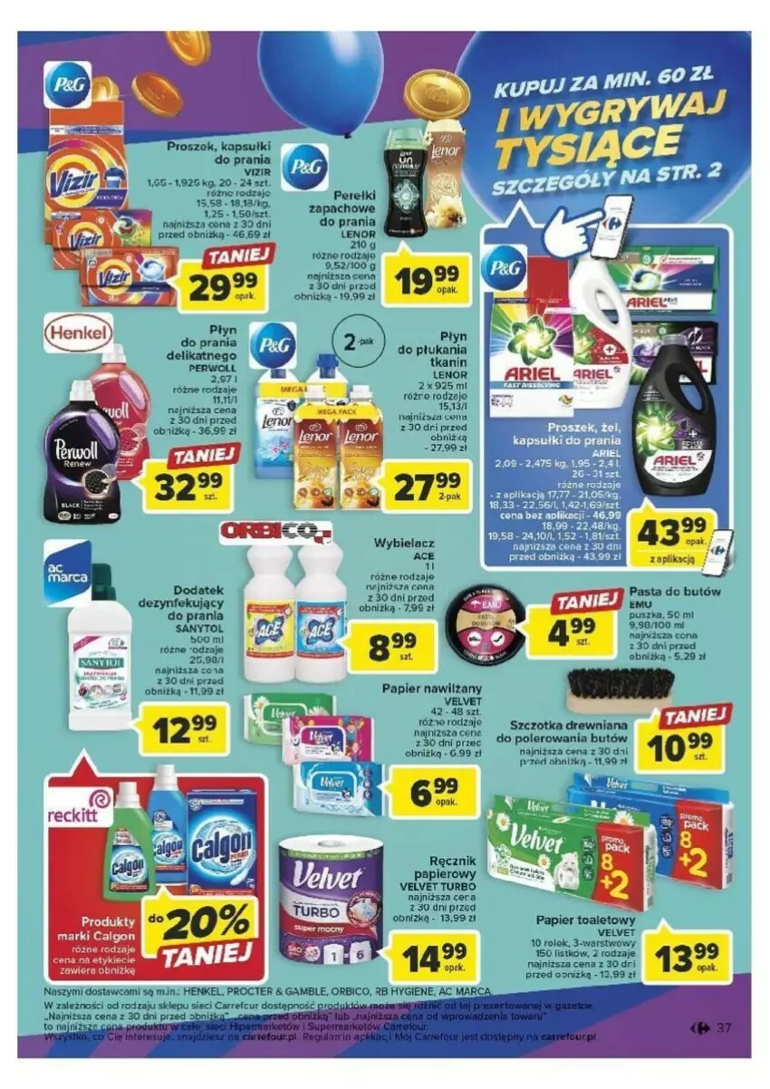 Gazetka promocyjna Carrefour - ważna 26.09 do 30.09.2023 - strona 31 - produkty: Calgon, Fa, Kapsułki do prania, Lenor, LG, Papier, Papier toaletowy, Perwoll, Płyn do prania, Ręcznik, Sanytol, Szczotka, Velvet