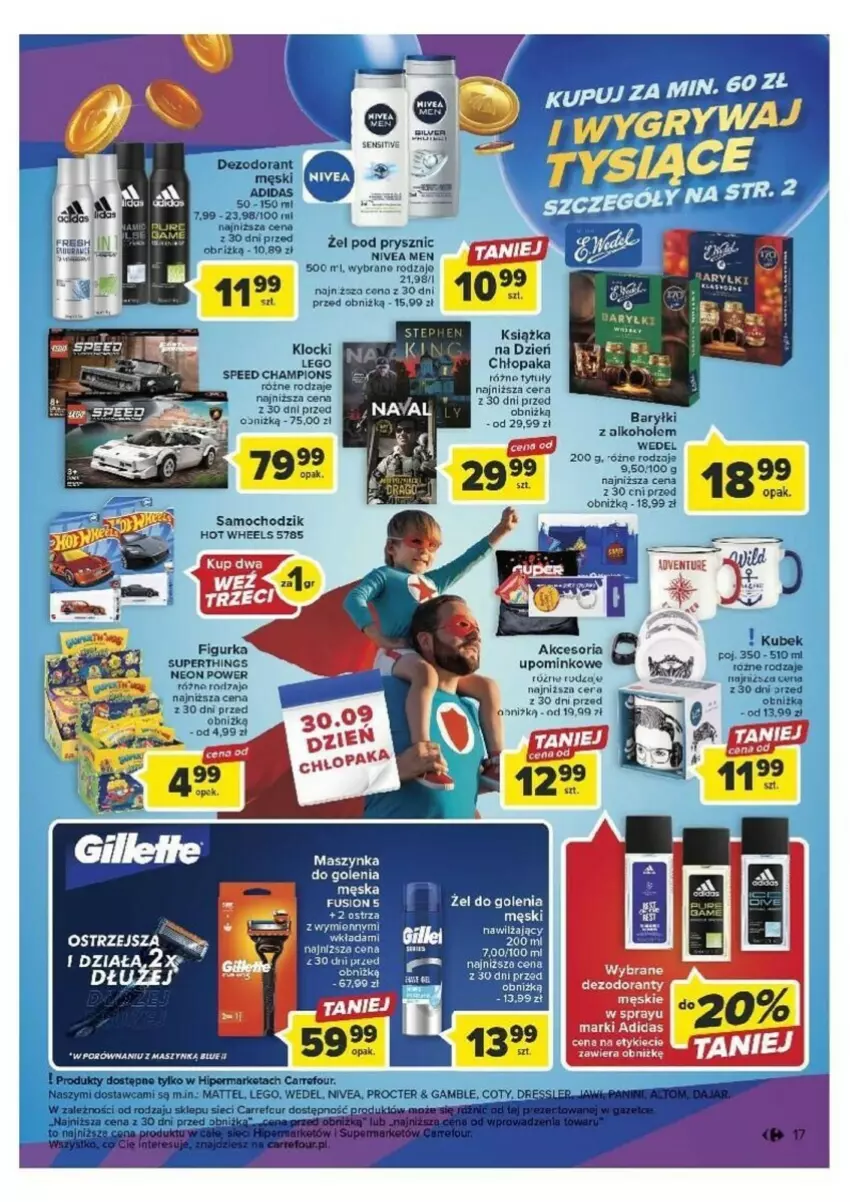 Gazetka promocyjna Carrefour - ważna 26.09 do 30.09.2023 - strona 9 - produkty: Adidas, Alkohole, Baryłki, Chodzik, Dezodorant, Fusion, Hot Wheels, Klocki, Kubek, LEGO, Maszynka, Maszynka do golenia, Nivea, Szynka