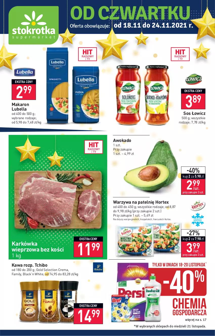 Gazetka promocyjna Stokrotka - Supermarket - ważna 18.11 do 24.11.2021 - strona 1 - produkty: Bell, Bella, Fa, Gin, Hortex, Karkówka wieprzowa, Kawa, Lack, Lubella, Makaron, Sos, Tchibo, Top, Warzywa