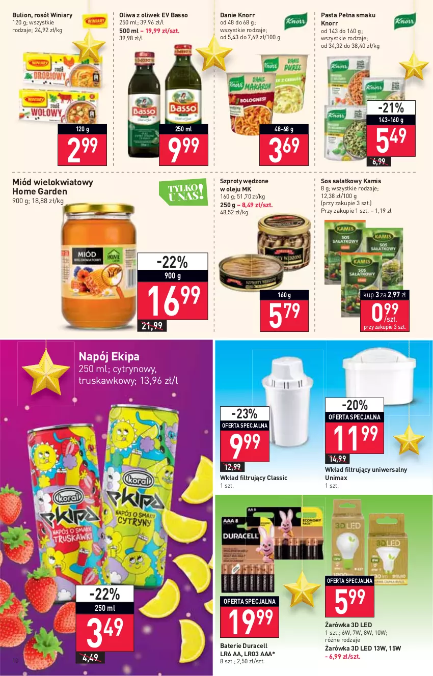 Gazetka promocyjna Stokrotka - Supermarket - ważna 18.11 do 24.11.2021 - strona 10 - produkty: Bulion, Duracell, Kamis, Knorr, Lion, Miód, Napój, Olej, Oliwa z oliwek, Rosół, Sałat, Sos, Szprot, Winiary, Wkład filtrujący