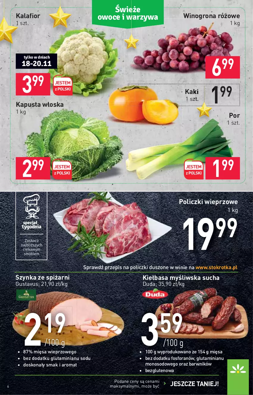 Gazetka promocyjna Stokrotka - Supermarket - ważna 18.11 do 24.11.2021 - strona 6 - produkty: Duda, Kaki, Kalafior, Kiełbasa, Por, Szynka, Wino, Winogrona