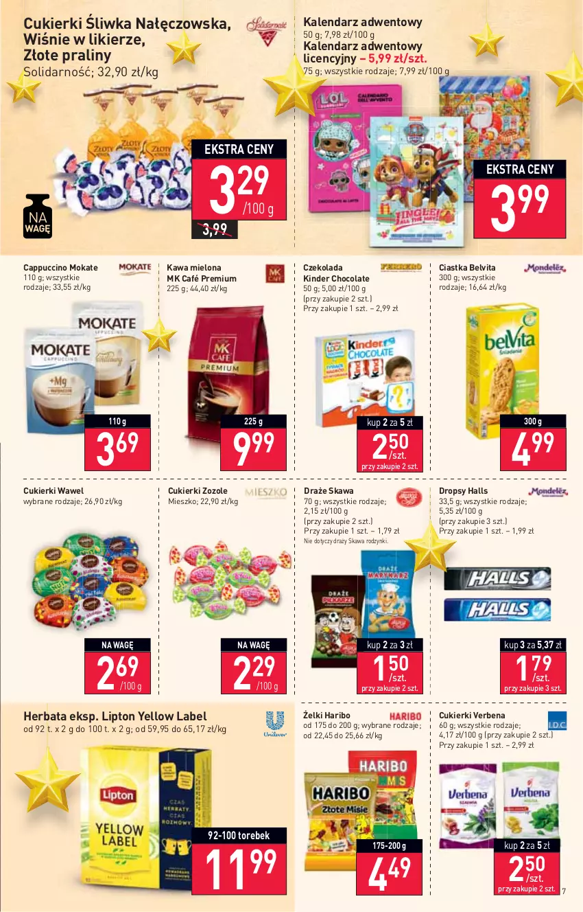 Gazetka promocyjna Stokrotka - Supermarket - ważna 18.11 do 24.11.2021 - strona 7 - produkty: BelVita, Cappuccino, Ciastka, Cukier, Cukierki, Czekolada, Halls, Haribo, Herbata, Kalendarz, Kalendarz adwentowy, Kawa, Kawa mielona, Kinder, Likier, Lipton, Praliny, Rodzynki, Wawel