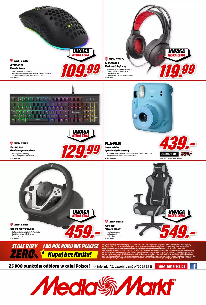 Gazetka promocyjna Media Markt - Gazetka Media Markt - ważna 22.02 do 28.02.2023 - strona 11 - produkty: Album, Fa, Fotel, Głośnik, Gra, INSTAX, Kierownica, Klawiatura, Kosz, Mysz, Nintendo Switch, Papier, PlayStation, PlayStation 4, Pokrowiec, Słuchawki, Sprzedawcy, Top, Virtu, Xbox