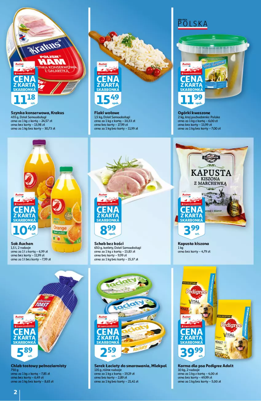 Gazetka promocyjna Auchan - Skarbonka #37 - ważna 16.09 do 22.09.2021 - strona 2 - produkty: Chleb, Chleb tostowy, Flaki, Flaki wołowe, Kotlet, Krakus, Pedigree, Schab bez kości, Ser, Serek, Sok, Szynka, Szynka konserwowa