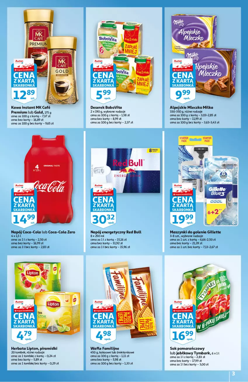 Gazetka promocyjna Auchan - Skarbonka #37 - ważna 16.09 do 22.09.2021 - strona 3 - produkty: BoboVita, Coca-Cola, Deser, Fa, Gillette, Gin, Herbata, Kakao, Kawa, Lipton, Malm, Milka, Mleczko, Napój, Napój energetyczny, Red Bull, Ser, Serek, Sok, Sok pomarańczowy, Tymbark, Wafle