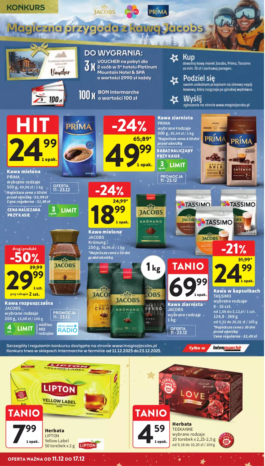 Gazetka promocyjna Intermarche - Gazetka Intermarche - ważna 11.12 do 17.12.2025 - strona 39 - produkty: Herbata, Jacobs, Jacobs Krönung, Kawa, Kawa mielona, Kawa rozpuszczalna, Kawa ziarnista, Lipton, Prima, Tassimo, Teekanne