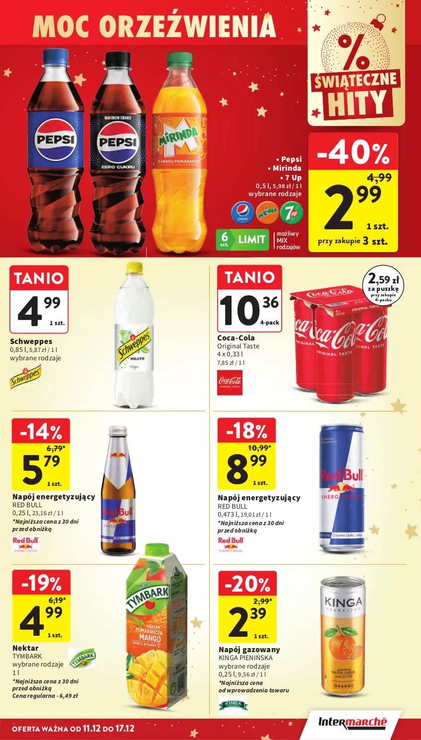 Gazetka promocyjna Intermarche - Gazetka Intermarche - ważna 11.12 do 17.12.2025 - strona 48 - produkty: Coca-Cola, Gin, Mirinda, Napój, Napój gazowany, Nektar, Pepsi, Red Bull, Schweppes, Tymbark