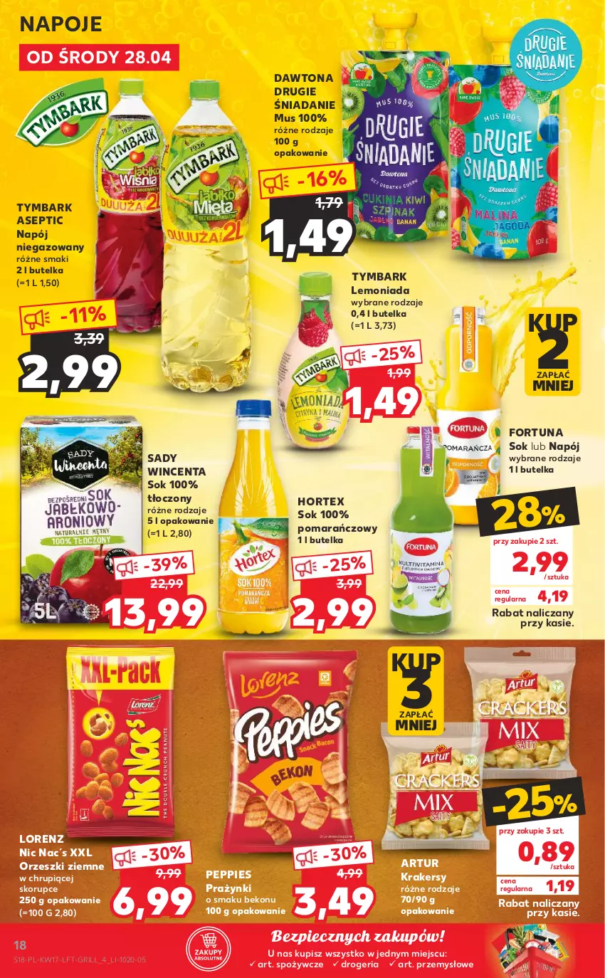 Gazetka promocyjna Kaufland - OFERTA TYGODNIA - ważna 28.04 do 05.05.2021 - strona 18 - produkty: Artur, Beko, Dawtona, Fortuna, Grill, Hortex, Krakersy, Lemoniada, Lorenz, Mus, Napój, Napój niegazowany, Napoje, Orzeszki, Orzeszki ziemne, Piec, Sok, Tymbark