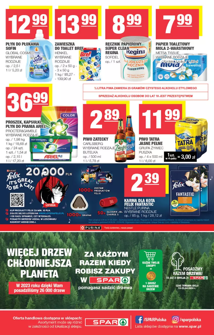 Gazetka promocyjna Spar - Spar - ważna 07.04 do 17.04.2024 - strona 8 - produkty: Ariel, Bref, Carlsberg, Fa, Fanta, Felix, Gin, Głośnik, Gra, JBL, LEGO, Mola, Papier, Papier toaletowy, Piwa, Piwo, Płyn do płukania, Płyn do prania, Pur, Purina, Ręcznik, Tatra, Wella