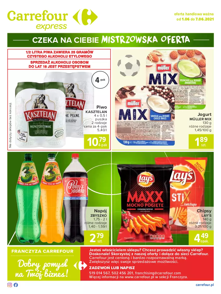 Gazetka promocyjna Carrefour - Gazetka Express - ważna 31.05 do 07.06.2021 - strona 2 - produkty: Chipsy, Gra, Jogurt, Kasztelan, Lay’s, Müller, Müller Mix, Napój, Piwa, Piwo