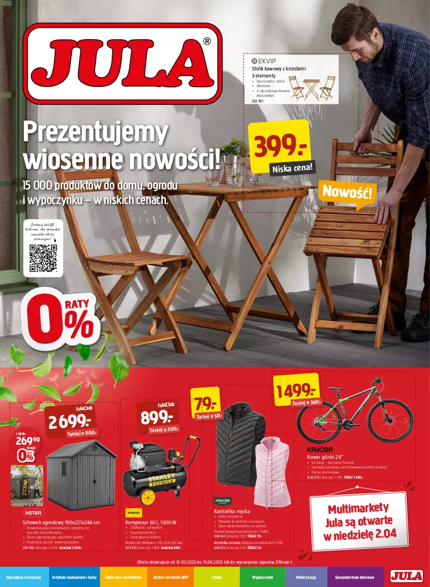 Gazetka promocyjna Jula - Gazetka - ważna 31.03 do 13.04.2023 - strona 1 - produkty: Artykuły budowlane, Fa, HP, Kamizelka, Kompresor, LANA, Ogród, Okno, Olej, Por, Rama, Rower, Ser, Stolik, Stolik kawowy, Szyny, Telefon, Tera, Widelec