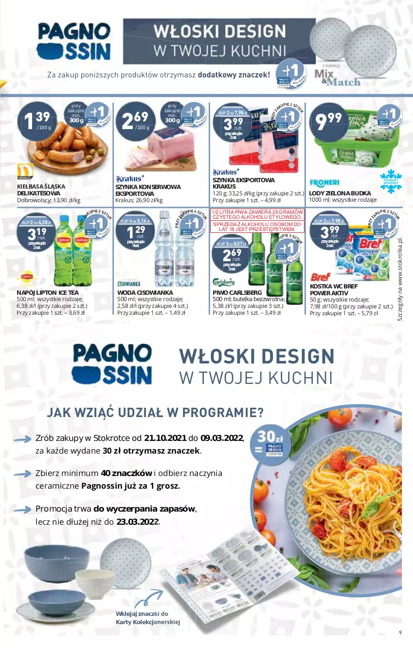 Gazetka promocyjna Stokrotka - Market - ważna 22.12 do 28.12.2021 - strona 9 - produkty: Bref, Carlsberg, Cisowianka, Gra, Ice tea, Klej, Krakus, Lipton, Lody, Napój, Piwa, Piwo, Por, Ser, Sport, Szynka, Szynka konserwowa, Woda, Zielona Budka