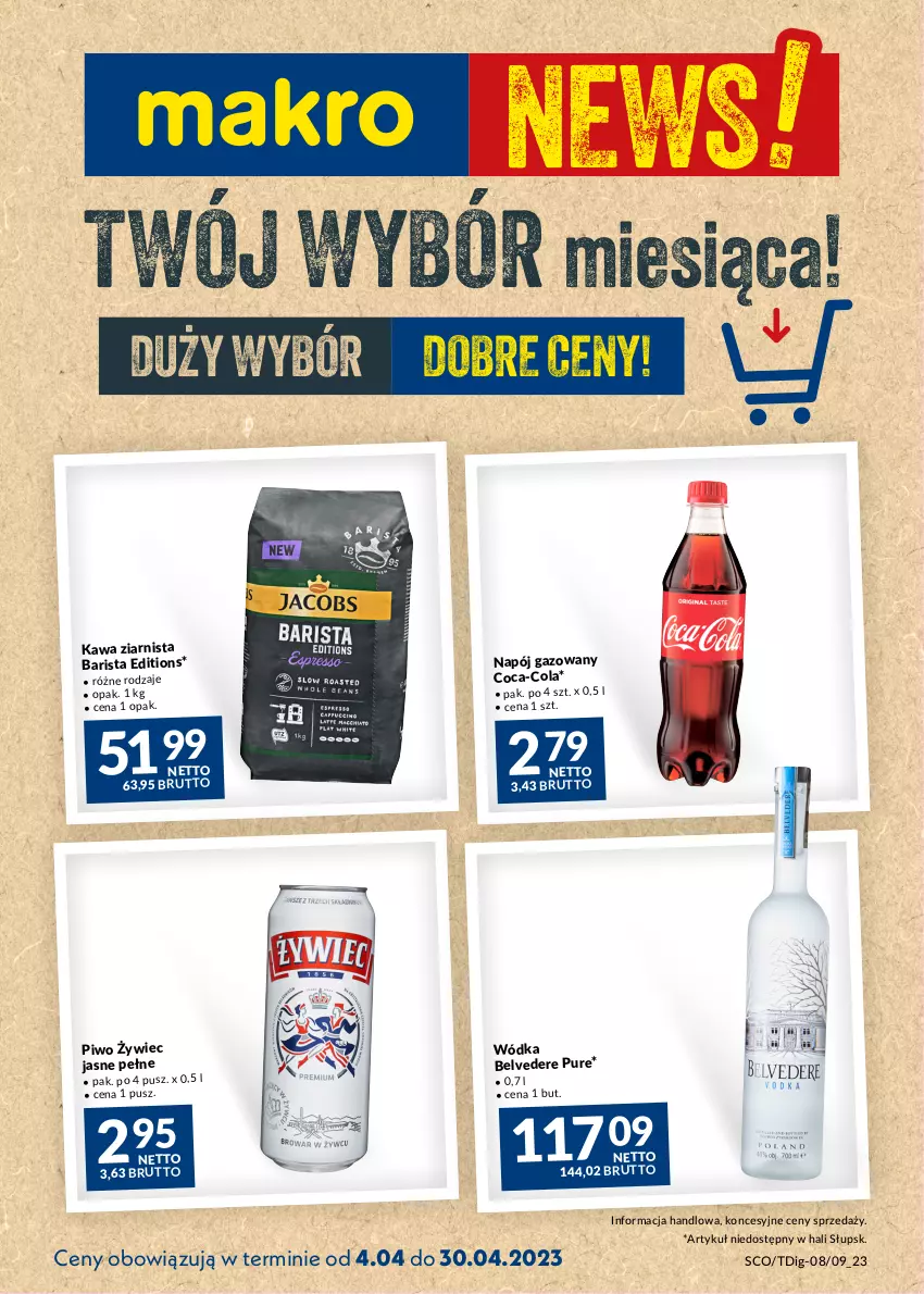 Gazetka promocyjna Makro - Najlepsze oferty - oferta z alkoholem - ważna 04.04 do 30.04.2023 - strona 1 - produkty: Coca-Cola, Kawa, Kawa ziarnista, Napój, Napój gazowany, Piwo, Pur, Wódka