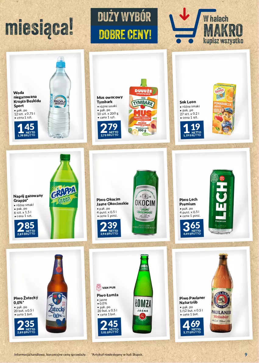 Gazetka promocyjna Makro - Najlepsze oferty - oferta z alkoholem - ważna 04.04 do 30.04.2023 - strona 9 - produkty: Gra, Grappa, Koc, Lech Premium, Leon, Mus, Napój, Napój gazowany, Okocim, Piwo, Por, Sok, Sport, Tymbark, Woda, Woda niegazowana