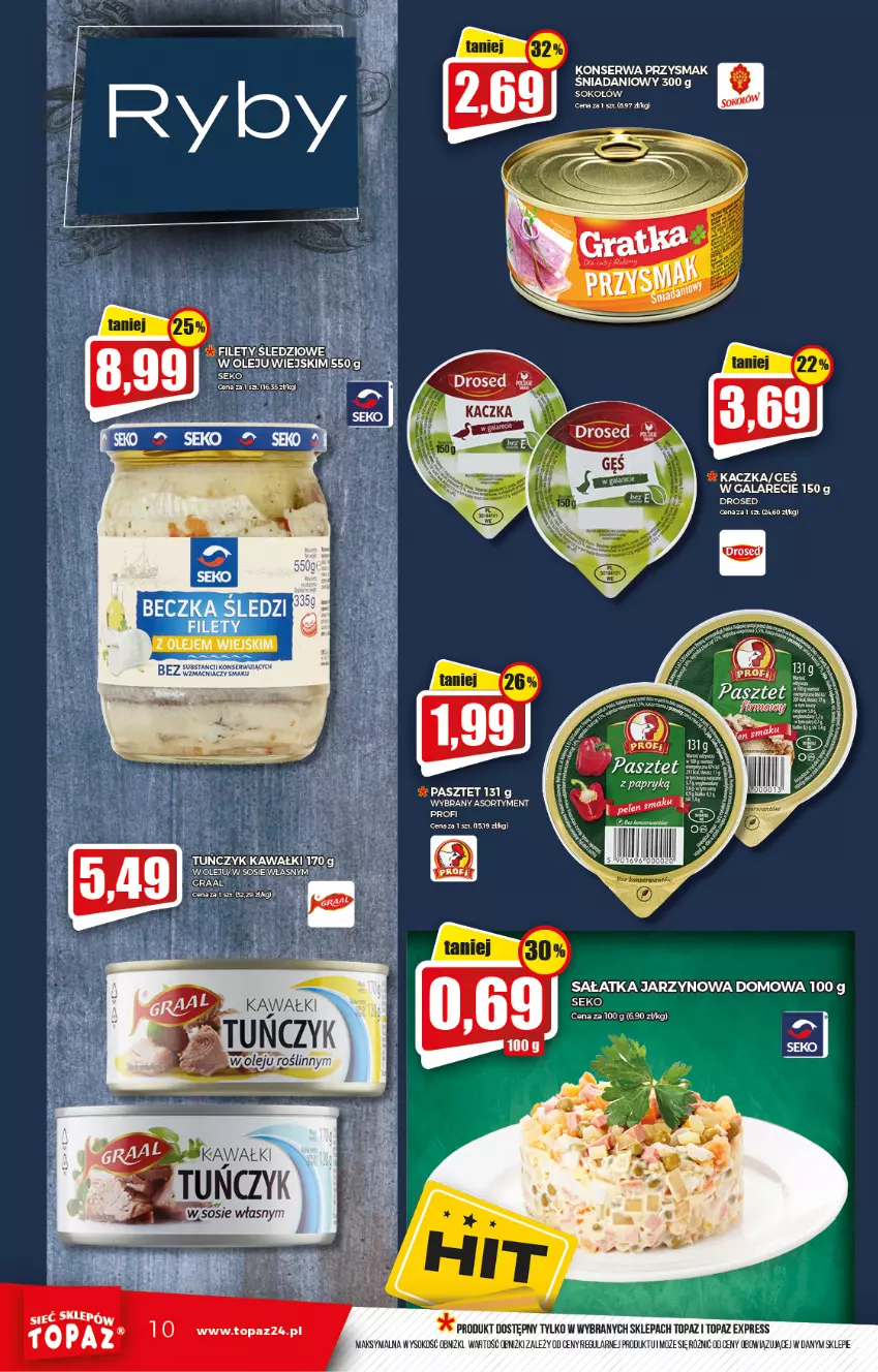 Gazetka promocyjna Topaz - Gazetka - ważna 16.09 do 22.09.2021 - strona 10 - produkty: Danio, Gala, Gra, Graal, Kaczka, Olej, Pasztet, Sałat, Sałatka, SEKO, Ser, Sok, Sokołów, Sos, Top