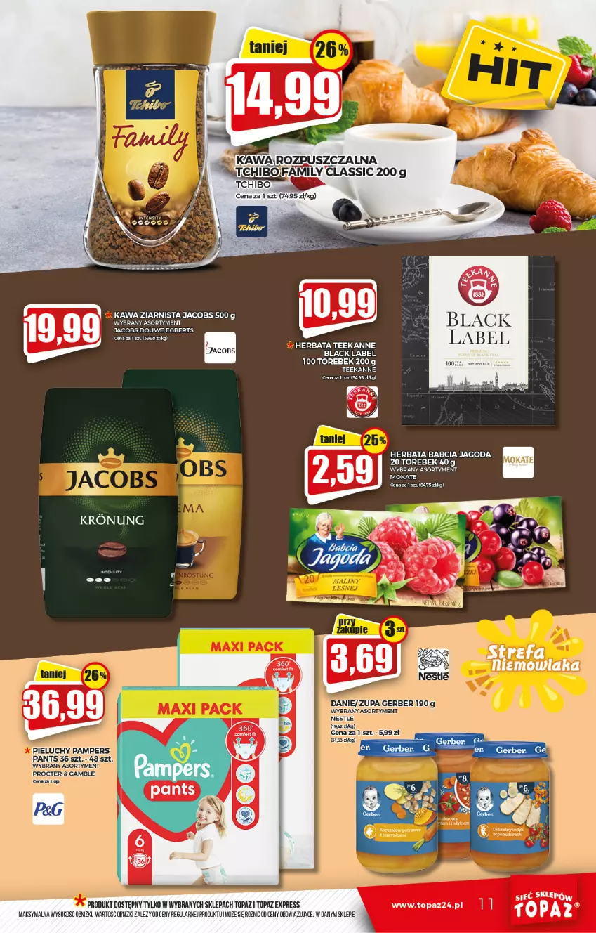 Gazetka promocyjna Topaz - Gazetka - ważna 16.09 do 22.09.2021 - strona 11 - produkty: Fa, Gerber, Herbata, Jacobs, Kawa, Kawa ziarnista, Lack, Pampers, Pieluchy, Sok, Tchibo, Teekanne, Top, Zupa