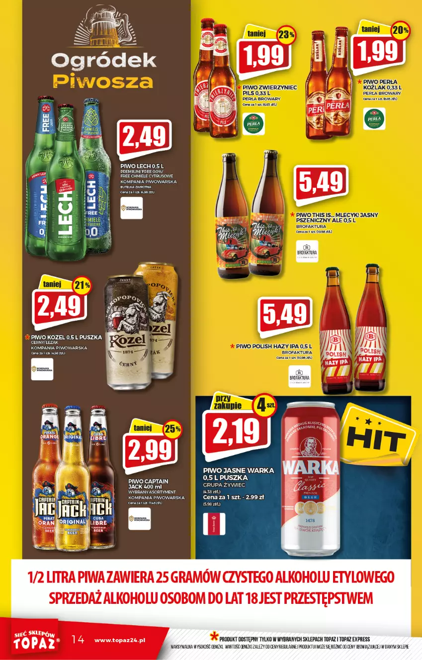 Gazetka promocyjna Topaz - Gazetka - ważna 16.09 do 22.09.2021 - strona 14 - produkty: Fa, Gra, Kozel, Ogród, Perła, Piwa, Piwo, Piwo jasne, Sok, Top, Warka