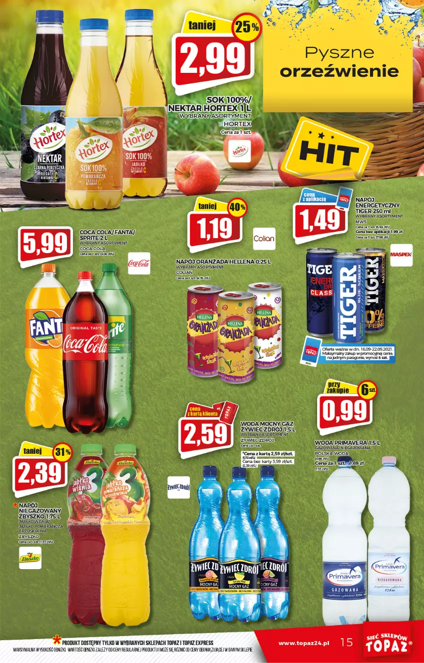 Gazetka promocyjna Topaz - Gazetka - ważna 16.09 do 22.09.2021 - strona 15 - produkty: Hellena, Hortex, Napój, Nektar, Sok, Top, Woda