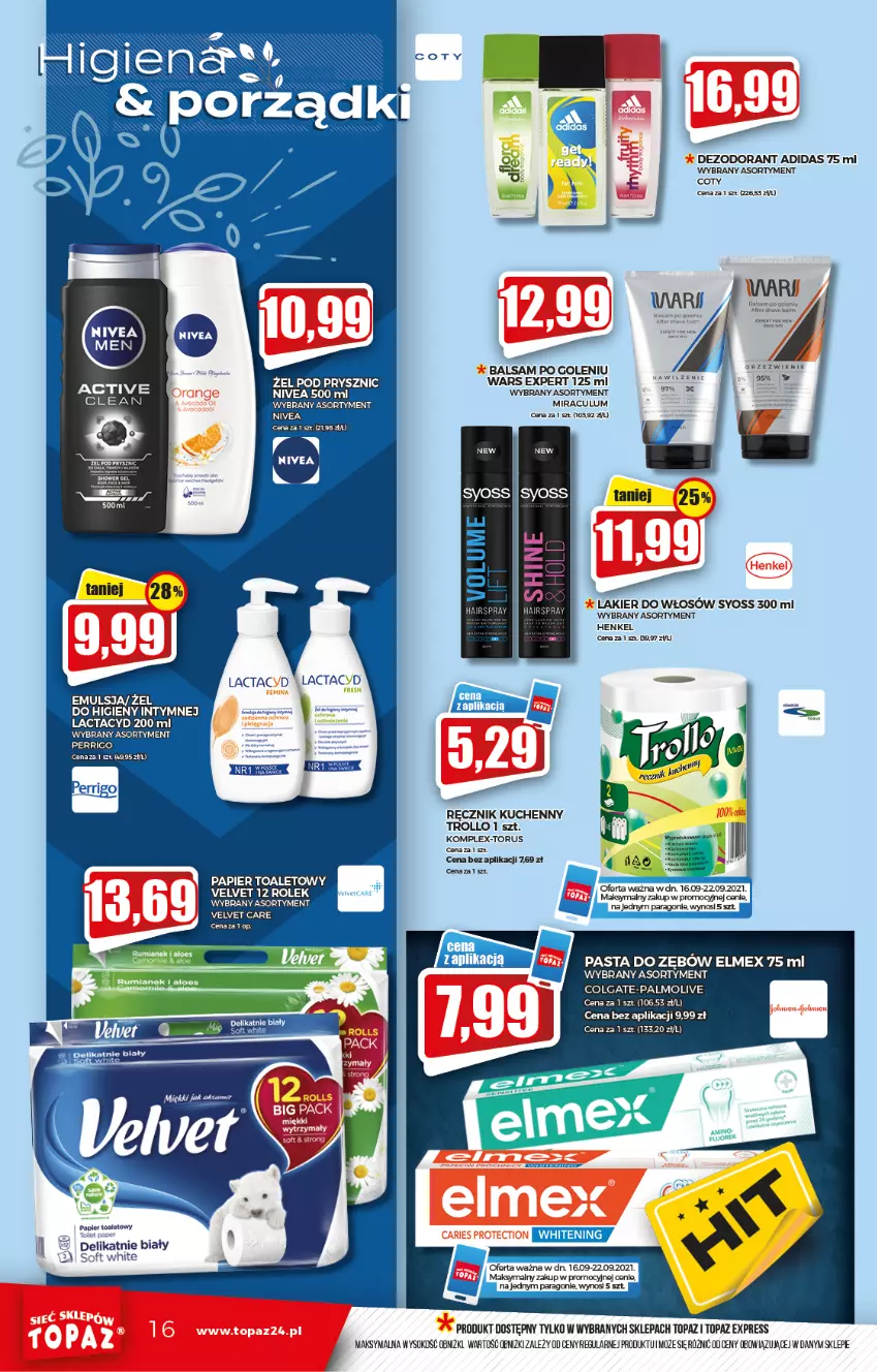 Gazetka promocyjna Topaz - Gazetka - ważna 16.09 do 22.09.2021 - strona 16 - produkty: Adidas, Balsam po goleniu, Colgate, Dezodorant, Elmex, Emulsja, Lactacyd, Lakier, Lakier do włosów, LG, Nivea, Palmolive, Papier, Papier toaletowy, Pasta do zębów, Ręcznik, Ręcznik kuchenny, Sok, Syoss, Top, Veet, Velvet