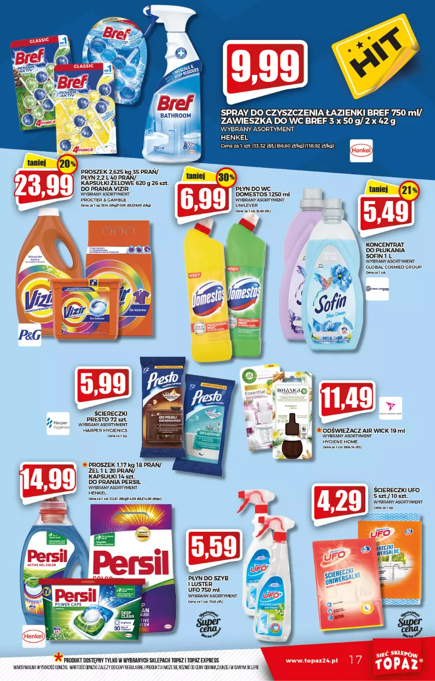 Gazetka promocyjna Topaz - Gazetka - ważna 16.09 do 22.09.2021 - strona 17 - produkty: Air Wick, Bref, Domestos, Persil, Płyn do szyb, Płyn do wc, Presto, Sok, Spray do czyszczenia, Top, Vizir, Zawieszka do wc