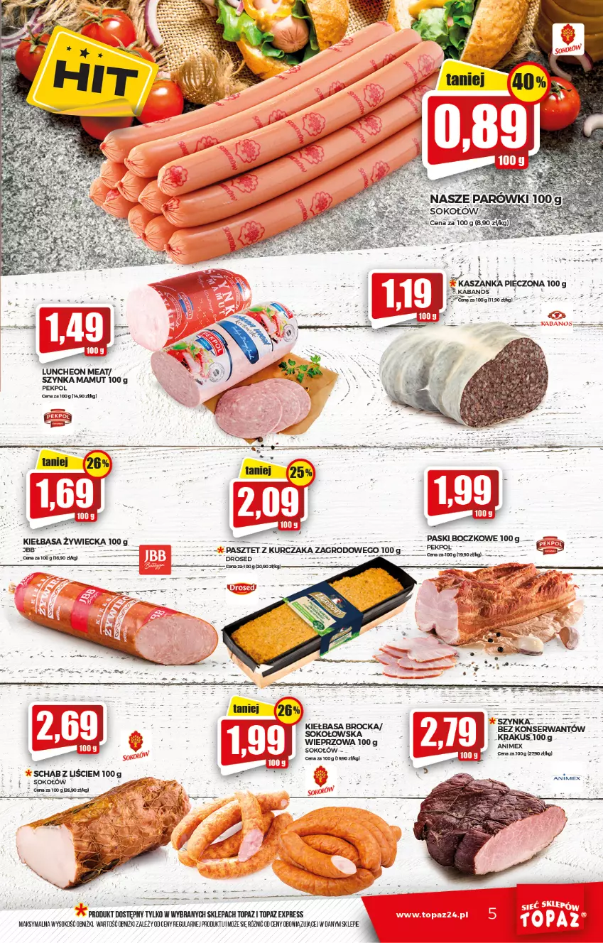 Gazetka promocyjna Topaz - Gazetka - ważna 16.09 do 22.09.2021 - strona 5 - produkty: Gin, Kabanos, Kasza, Kiełbasa, Kurczak, Lorenz, Pasztet, Pekpol, Sok, Sokołów, Szynka, Top