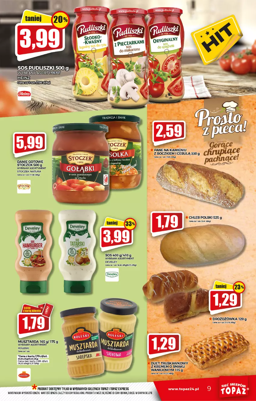 Gazetka promocyjna Topaz - Gazetka - ważna 16.09 do 22.09.2021 - strona 9 - produkty: Burger, Chleb, Danie gotowe, Hamburger, Heinz, Makaron, Mus, Musztarda, Piec, Pudliszki, Sok, Sos, Top