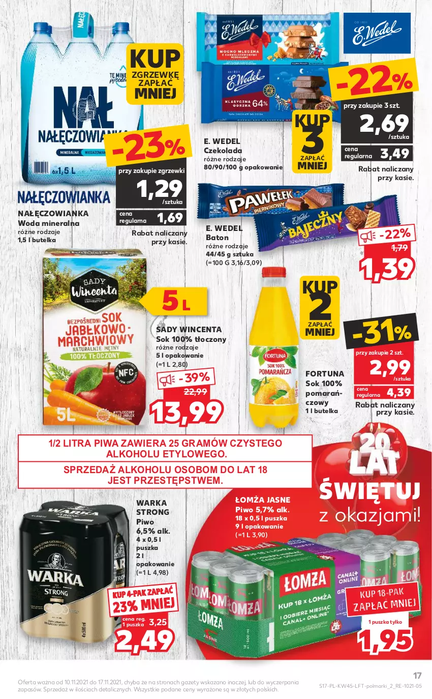 Gazetka promocyjna Kaufland - OFERTA TYGODNIA - ważna 10.11 do 17.11.2021 - strona 17 - produkty: Baton, Czekolada, E. Wedel, Fortuna, Gra, Nałęczowianka, Olma, Piwa, Piwo, Sok, Warka, Woda, Woda mineralna