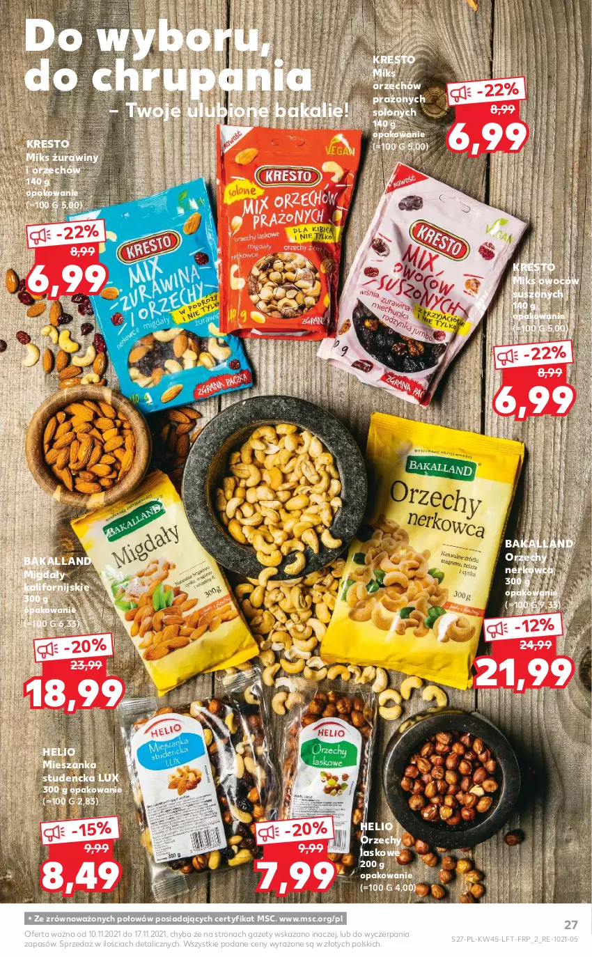 Gazetka promocyjna Kaufland - OFERTA TYGODNIA - ważna 10.11 do 17.11.2021 - strona 27 - produkty: Bakalland, Helio, Mieszanka studencka, Migdały