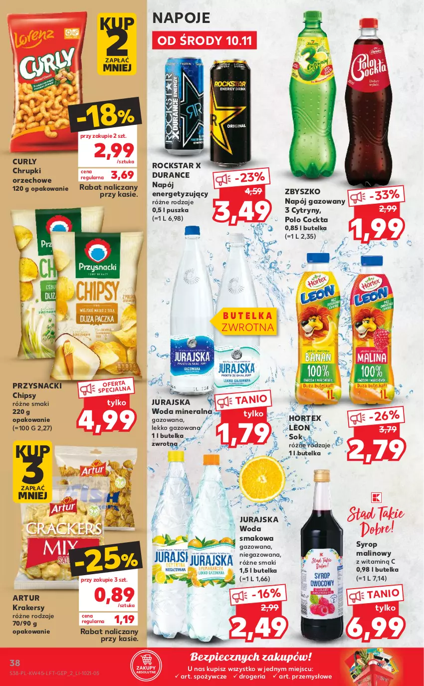 Gazetka promocyjna Kaufland - OFERTA TYGODNIA - ważna 10.11 do 17.11.2021 - strona 38 - produkty: Artur, Chipsy, Chrupki, Cytryny, Hortex, Krakersy, Leon, Napój, Napój gazowany, Napoje, Piec, Przysnacki, Sok, Syrop, Woda, Woda mineralna