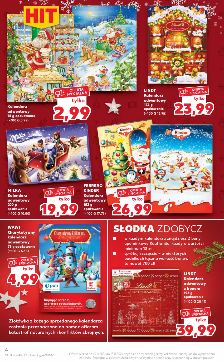 Gazetka promocyjna Kaufland - OFERTA TYGODNIA - ważna 10.11 do 17.11.2021 - strona 4 - produkty: Ferrero, Kalendarz, Kalendarz adwentowy, Kinder, Lindt, Milka