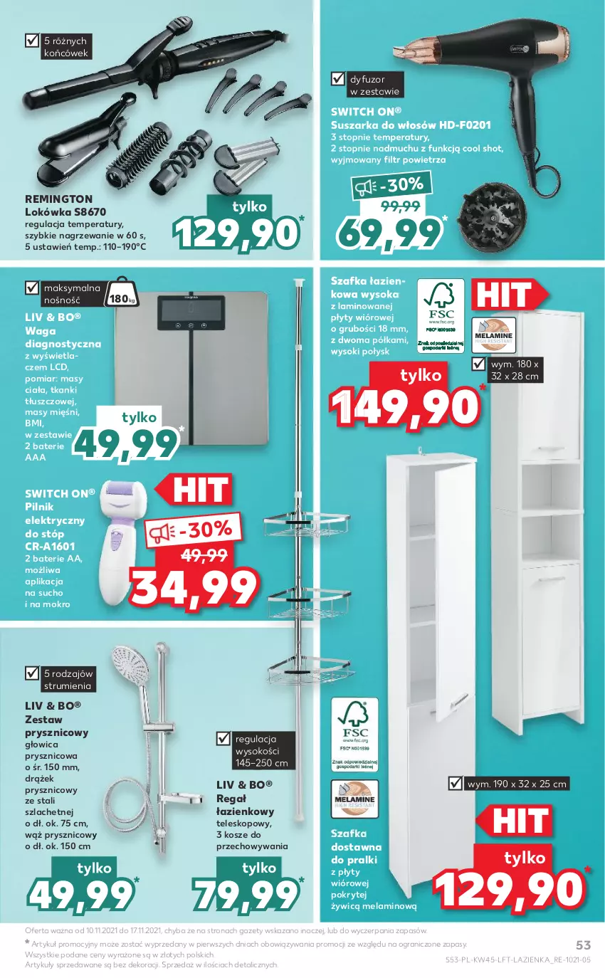 Gazetka promocyjna Kaufland - OFERTA TYGODNIA - ważna 10.11 do 17.11.2021 - strona 53 - produkty: Gra, Kosz, Lokówka, Pilnik, Półka, Pralki, Regał, Remington, Rum, Sok, Suszarka, Szafka, Szafka łazienkowa, Teleskop, Top, Waga, Zestaw prysznicowy