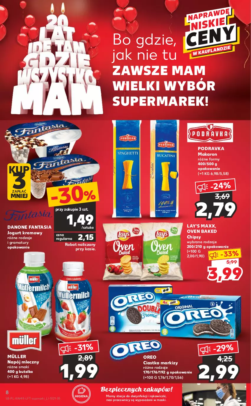 Gazetka promocyjna Kaufland - OFERTA TYGODNIA - ważna 10.11 do 17.11.2021 - strona 8 - produkty: Chipsy, Ciastka, Danone, Danone Fantasia, Fa, Fanta, Gra, Jogurt, Makaron, Müller, Napój, Napój mleczny, Oreo, Piec, Podravka, Rama