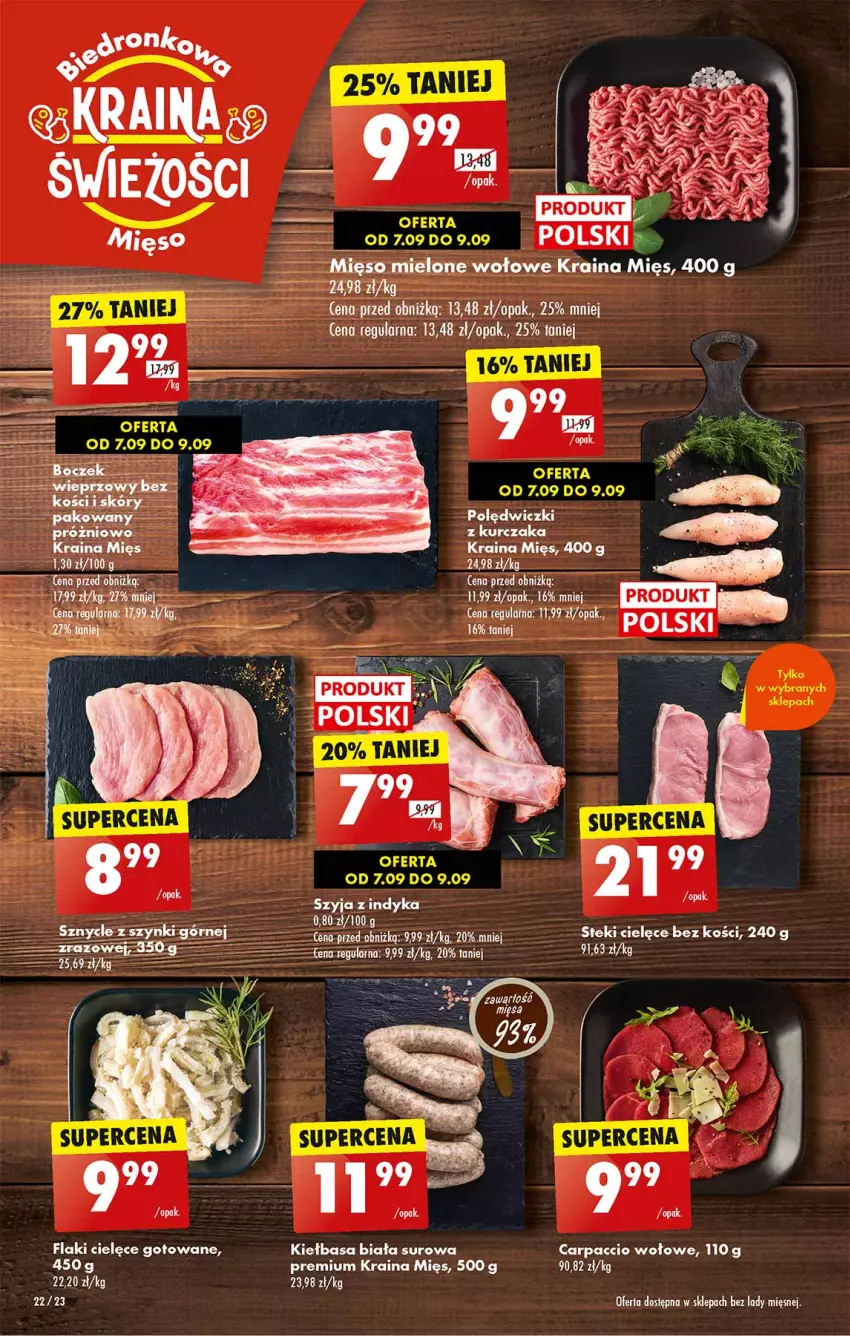 Gazetka promocyjna Biedronka - Od czwartku - ważna 07.09 do 13.09.2023 - strona 22 - produkty: Carpaccio, Fa, Flaki, Kiełbasa, Kiełbasa biała, Kurczak, Stek