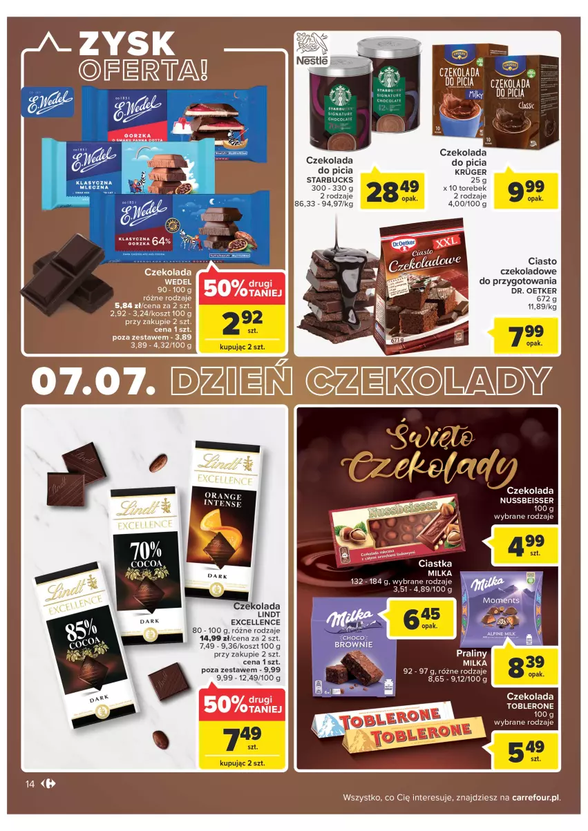 Gazetka promocyjna Carrefour - Gazetka Carrefour Zyskoteka - ważna 05.07 do 16.07.2022 - strona 14 - produkty: Ciasto czekoladowe, Czekolada, Dr. Oetker, Kosz, Lindt, Milka, Ser, Toblerone