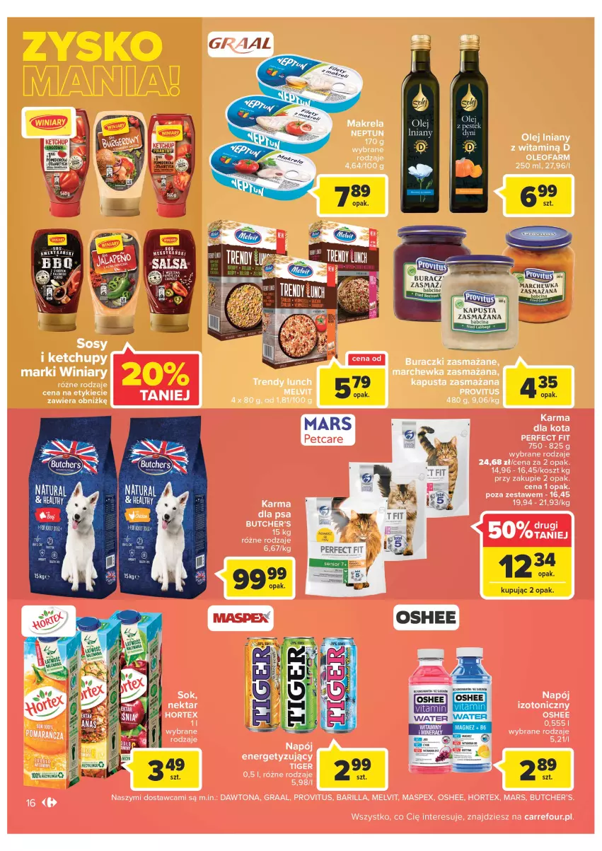 Gazetka promocyjna Carrefour - Gazetka Carrefour Zyskoteka - ważna 05.07 do 16.07.2022 - strona 16 - produkty: Barilla, Buraczki, Butcher's, Dawtona, Fa, Gra, Graal, Hortex, Ketchup, Kosz, Marchewka, Mars, Melvit, Napój, Olej, Olej iniany, Oleo, Oleofarm, Oshee, Tiger, Winiary