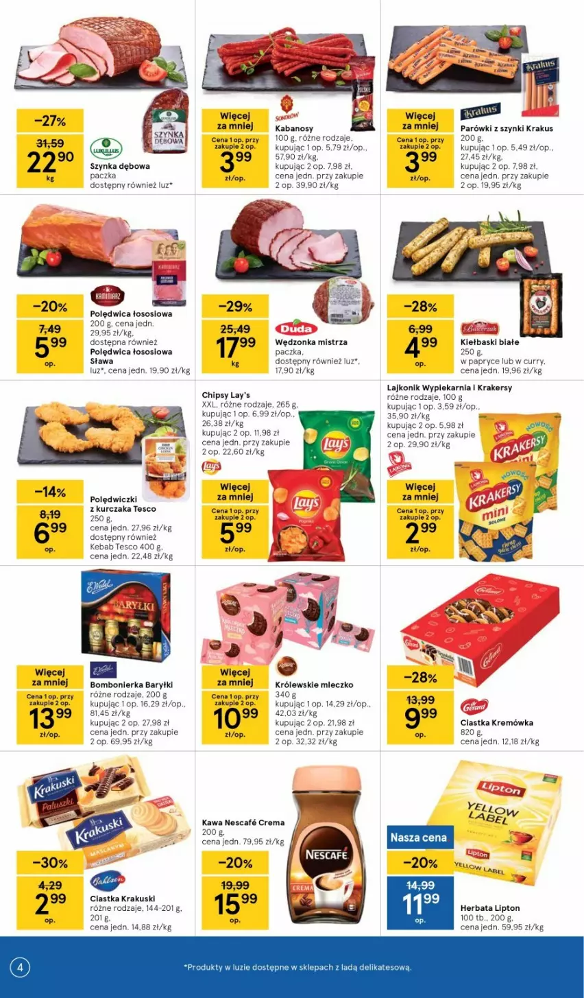 Gazetka promocyjna Tesco - Tesco gazetka - przyszły tydzień - ważna 24.06 do 30.06.2021 - strona 4 - produkty: Baryłki, Chipsy, Ciastka, Kabanos, Kebab, Kiełbaski białe, Krakersy, Krakus, Krakuski, Kremówka, Królewski, Kurczak, Lajkonik, Miecz, Parówki, Parówki z szynki, Polędwica, Sos