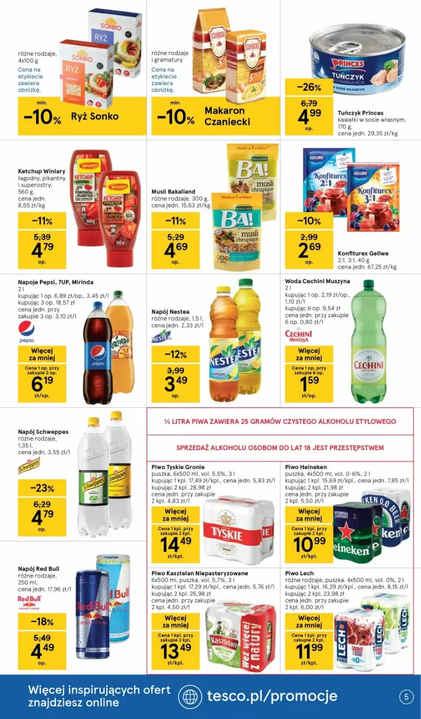 Gazetka promocyjna Tesco - Tesco gazetka - przyszły tydzień - ważna 24.06 do 30.06.2021 - strona 5 - produkty: 7up, Bakalland, Gra, Heineken, Kasztelan, Kawa, Ketchup, Makaron, Mirinda, Mus, Napój, Napoje, Nestea, Pepsi, Piwa, Piwo, Rama, Red Bull, Schweppes, Sos, Szyna, Tuńczyk, Tyskie, Winiary, Woda