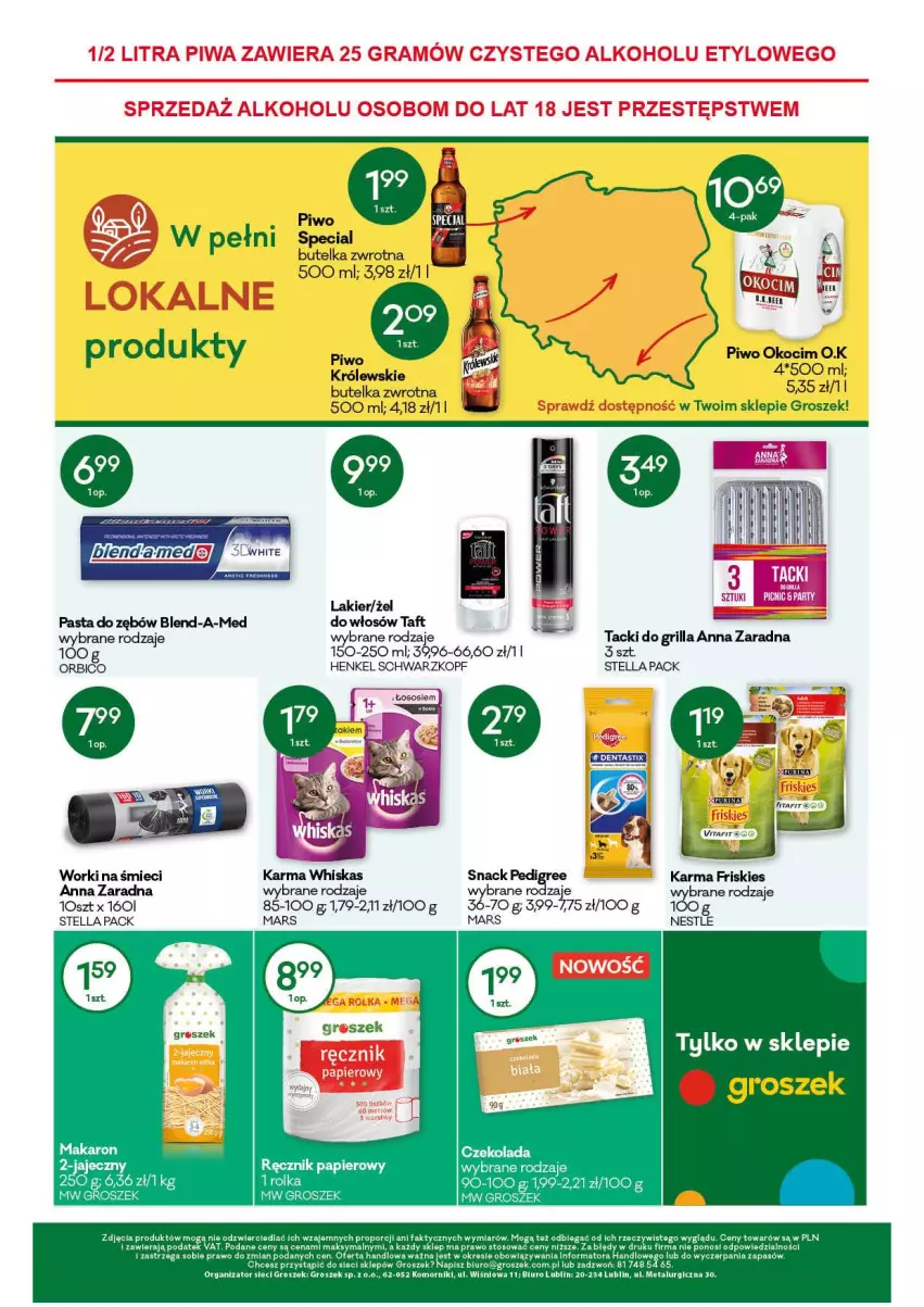 Gazetka promocyjna Groszek - Gazetka - ważna 06.05 do 18.05.2021 - strona 12 - produkty: BIC, Biuro, Blend-a-Med, Czekolada, Fa, Friskies, Grill, Groszek, Koc, Królewski, Lakier, Mars, Okocim, Papier, Pasta do zębów, Pedigree, Piwo, Por, Pur, Purina, Ręcznik, Schwarzkopf, Taft, Whiskas, Worki na śmiec, Worki na śmieci