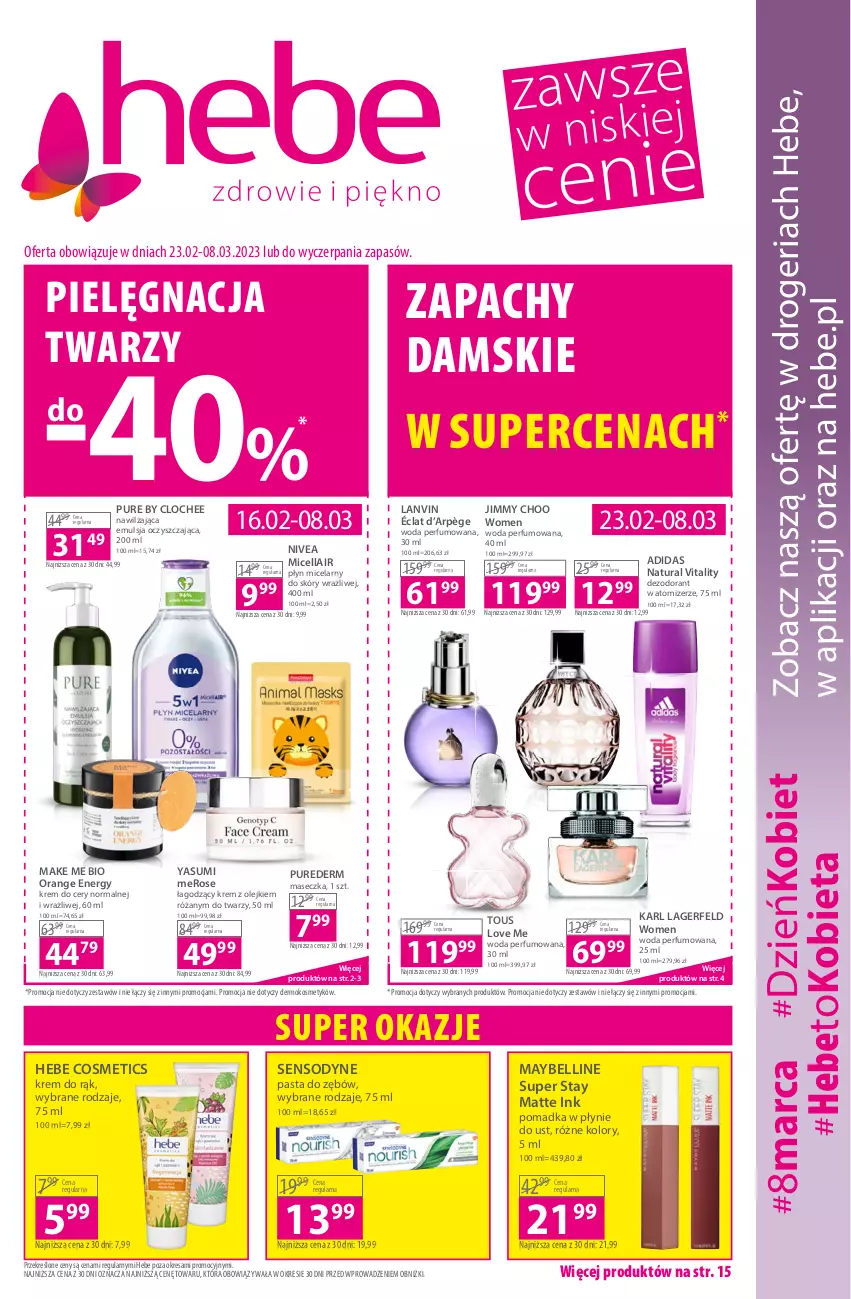 Gazetka promocyjna Hebe - Gazetka - ważna 23.02 do 08.03.2023 - strona 1 - produkty: Adidas, Bell, Dezodorant, Emulsja, Hebe Cosmetics, Jimmy Choo, Karl Lagerfeld, Krem do rąk, Lanvin, Maybelline, Nivea, Olej, Pasta do zębów, Perfum, Płyn micelarny, Pur, Róża, Sensodyne, Woda, Woda perfumowana