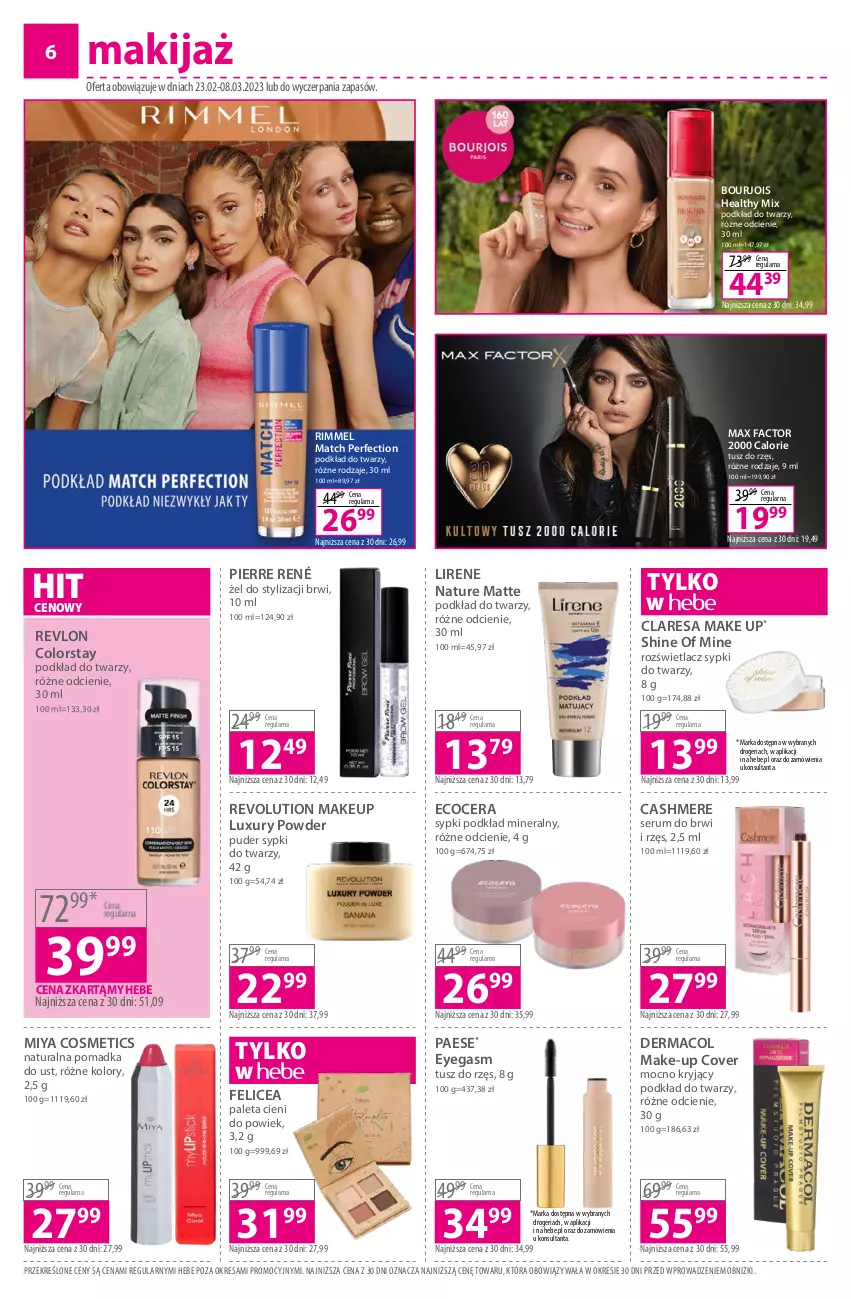 Gazetka promocyjna Hebe - Gazetka - ważna 23.02 do 08.03.2023 - strona 6 - produkty: Bourjois, Fa, Lirene, Makijaż, Max Factor, Miya Cosmetics, PAESE, Paleta, Pierre René, Podkład, Podkład do twarzy, Puder, Revlon, Rozświetlacz, Rum, Ser, Serum, Tusz