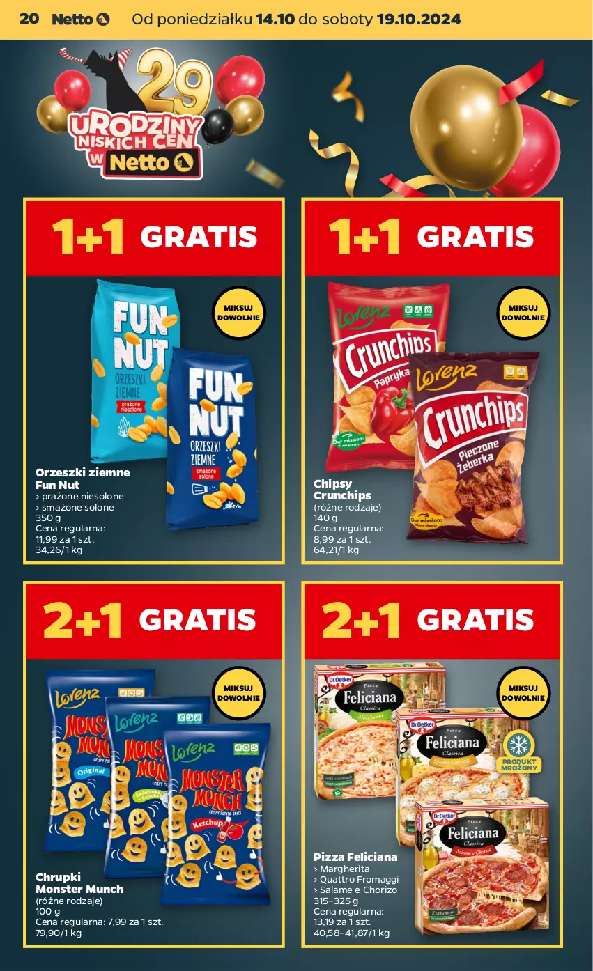 Gazetka promocyjna Netto - Artykuły spożywcze - ważna 14.10 do 19.10.2024 - strona 20 - produkty: Chipsy, Chrupki, Crunchips, Feliciana, Gra, Maggi, Monster Munch, Orzeszki, Orzeszki ziemne, Pizza